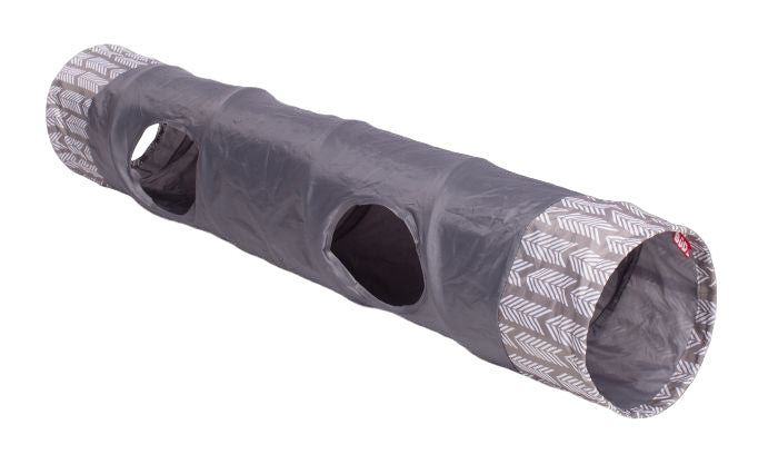 Gray pet toy tunnel with circular holes on a white background