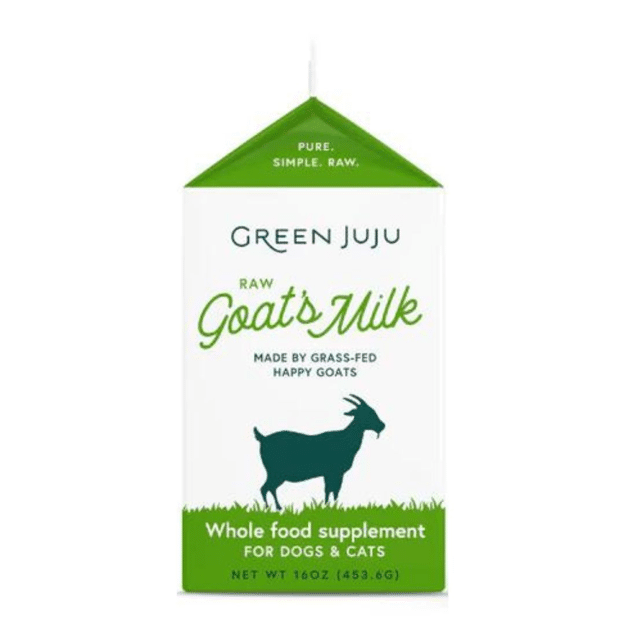 Green Juju raw goat's milk package for dogs and cats on a white background