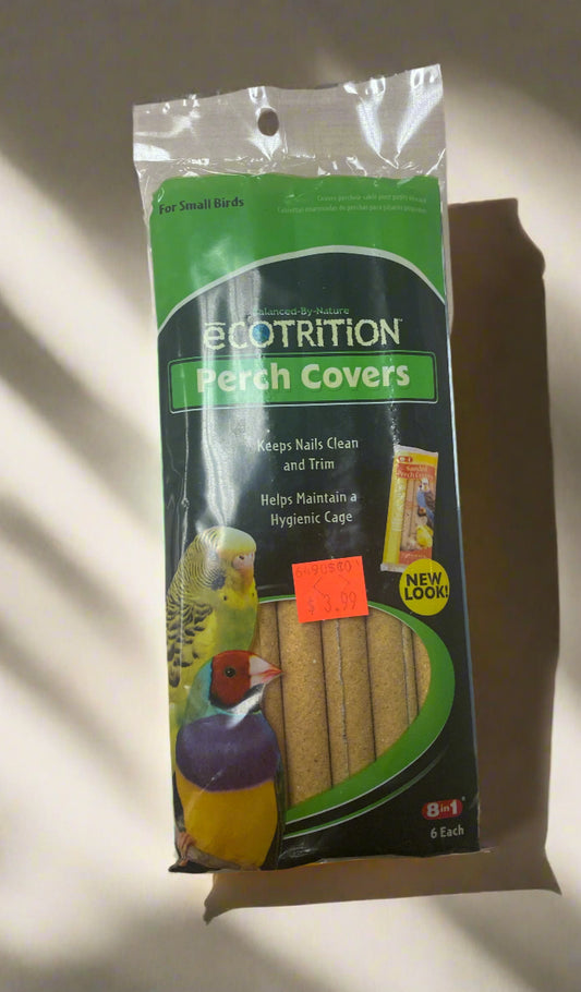 A packaged product labeled 'Ecotrition Perch Covers' for birds, with an image of a parrot on the front. The packaging is primarily green and white, with a label indicating that it contains 'Wheat, Corn & Oats' for bird health.