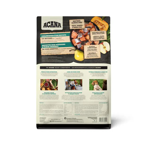Acana pet food packaging with ingredients and branding details on a white background of Acana Coldwater Fish Dog Food - at Harmony Pet Supplies, Scarborough