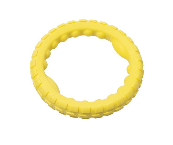 Yellow rubber ring with textured surface on a white background at Harmony Pet Supplies, Scarborough