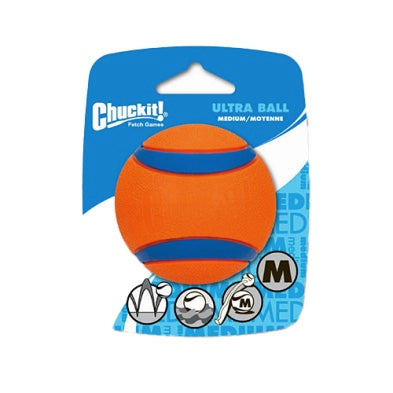 Orange Chuckit! Ultra Ball pet dog toy in blue packaging on a white background, front. Shop now.