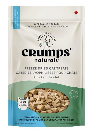 Package of Crumps' Naturals freeze-dried cat treats with chicken flavor on a white background