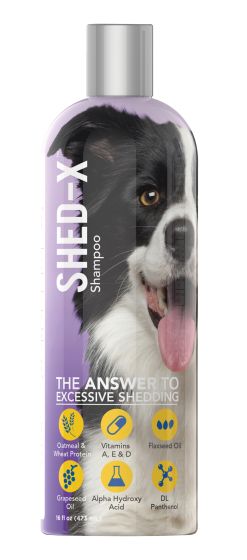 Shed-X shampoo bottle with a dog on the label