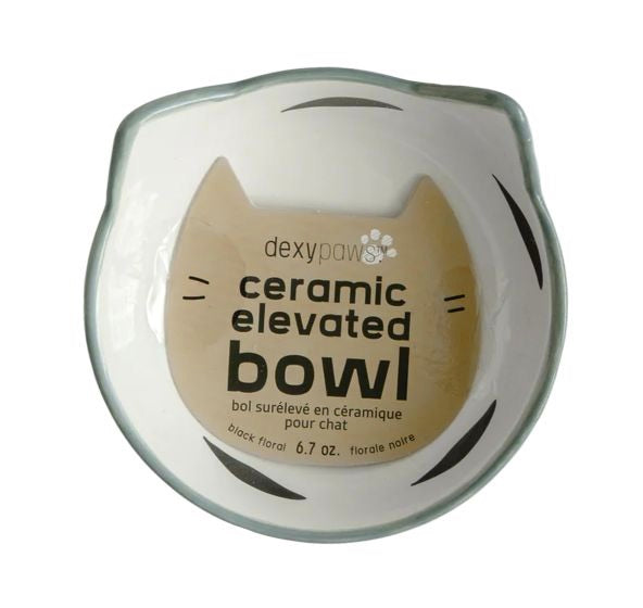 Dexypaws-Raised Ceramic Cat Bowl-White and Black Flower Print - Front