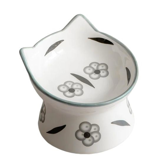 Dexypaws-Raised Ceramic Cat Bowl-White and Black Flower Print - Details