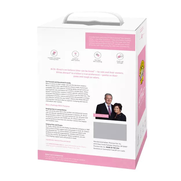 Dr.Elsey's Kitten Attract litter Product packaging with pink and white design, featuring text and images of a man and woman. Harmony Pet Supplies, Scarborough