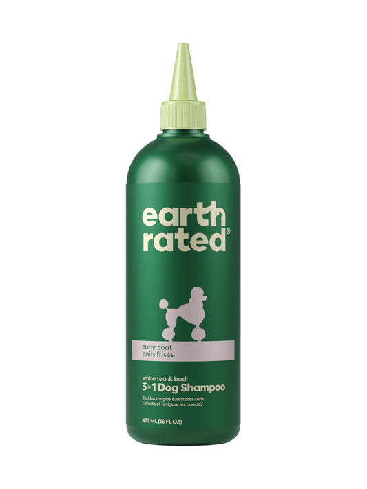 Green bottle of Earth Rated dog shampoo on a white background, front