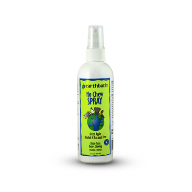 Bottle of Earthbath No Chew Dog Spray on a white background, front