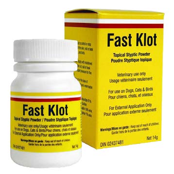 Bottle and box of Fast Klot topical styptic powder on a white background at Harmony Pet Supplies, Scarborough