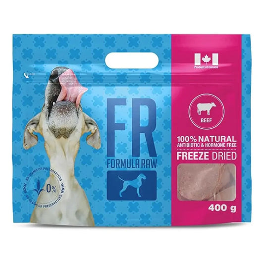 Package of Formula Raw freeze-dried dog food with a blue and pink design featuring a dog and text, front.