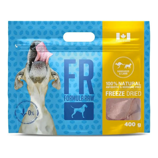 Package of Formula Raw freeze-dried dog food with a blue and yellow design.