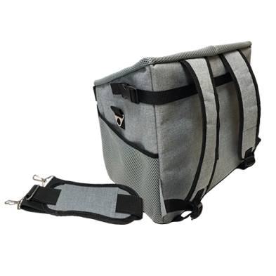 A gray and black mesh travel pet carrier bag with adjustable black straps and a detachable shoulder strap, shown on a plain white background at Harmony Pet Supplies, Scarborough.