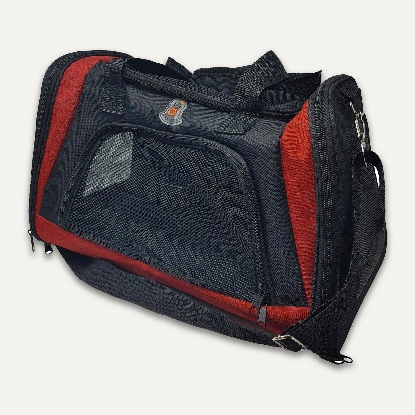 Black and red pet carrier with a visible brand logo on a white background at Harmony Pet Supplies Scarborough
