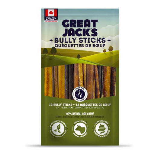 Packaging of Great Jack's Bully Sticks with a scenic design on a white background