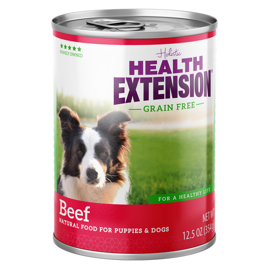 A can of Health Extension Grain Free Beef Entree dog food with a picture of a dog on the label.