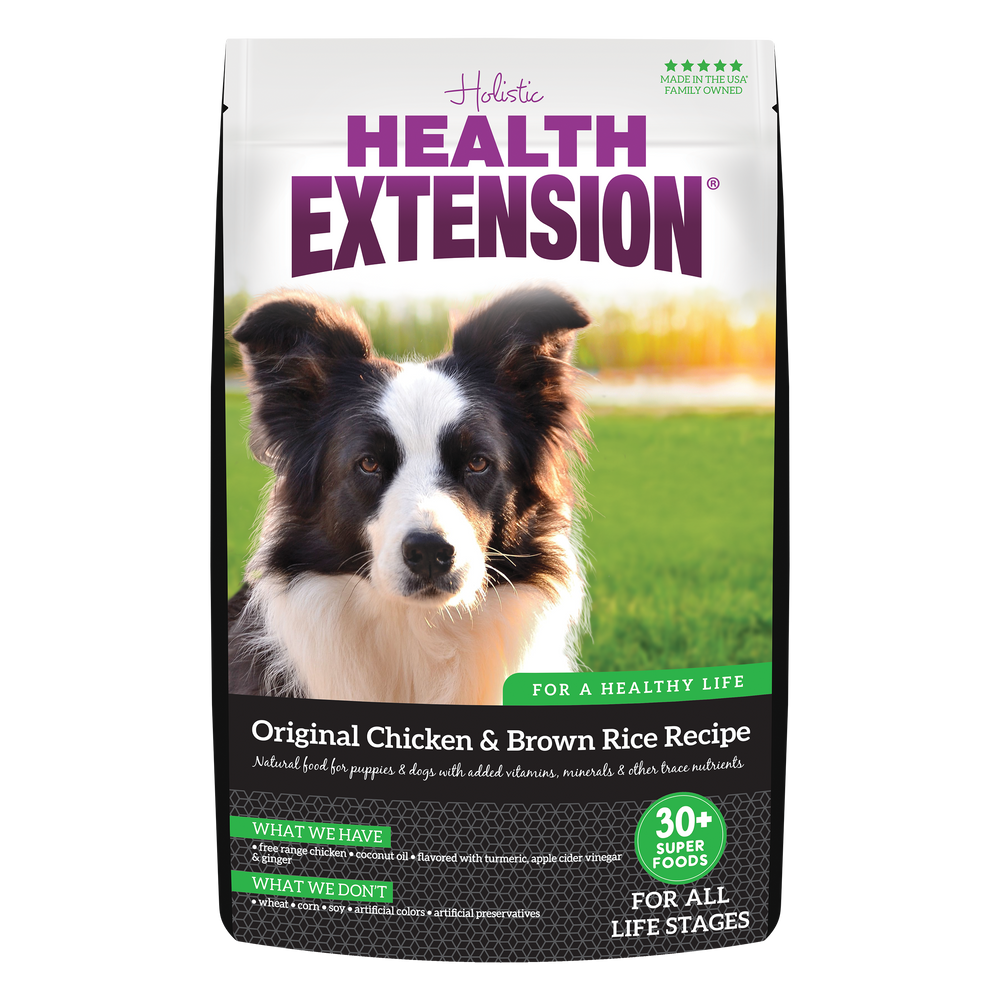 A package of Health Extension Original Chicken & Brown Rice Recipe dry dog food with a picture of a dog on the front.