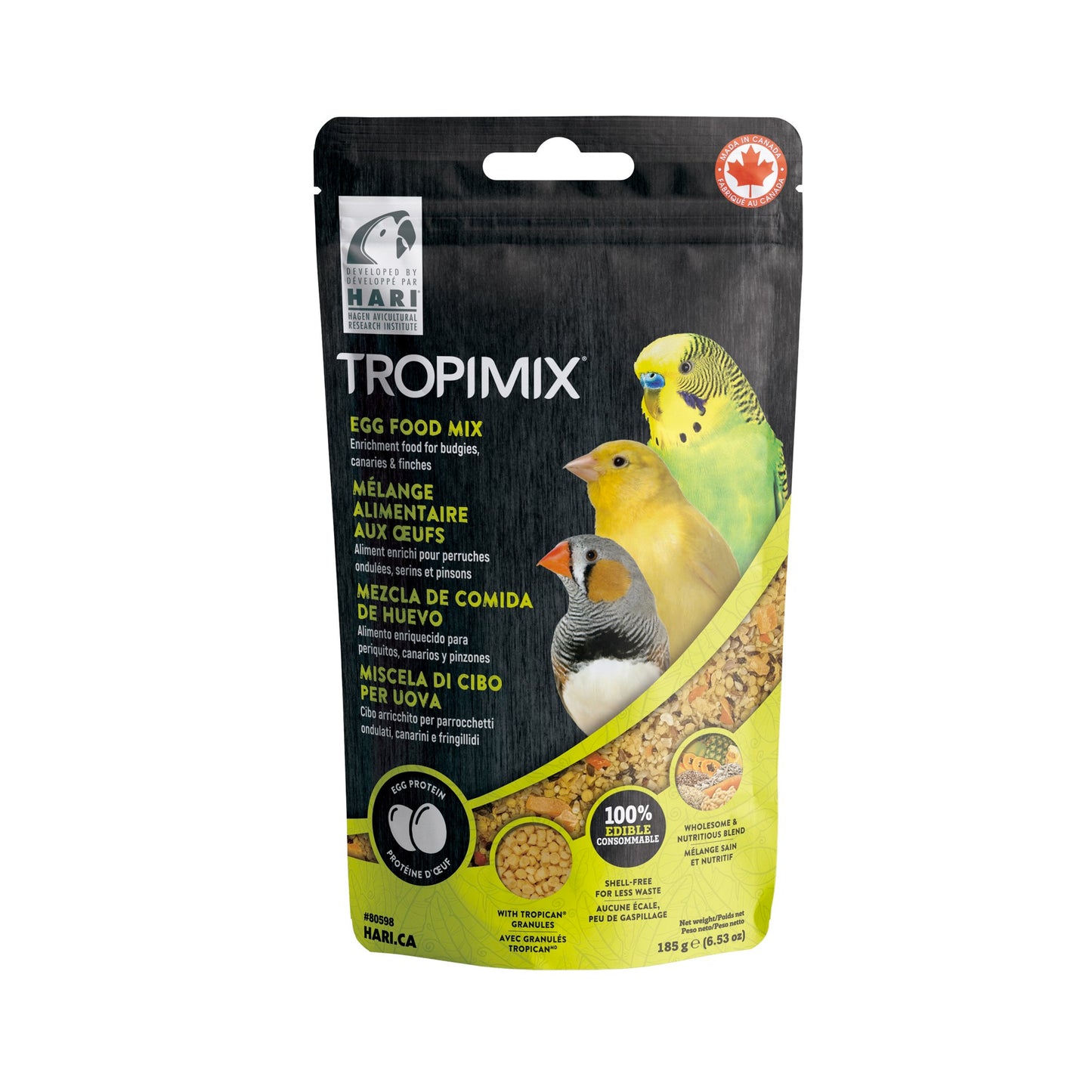 Tropimix bird food mix packaging with images of birds on a white background, Front
