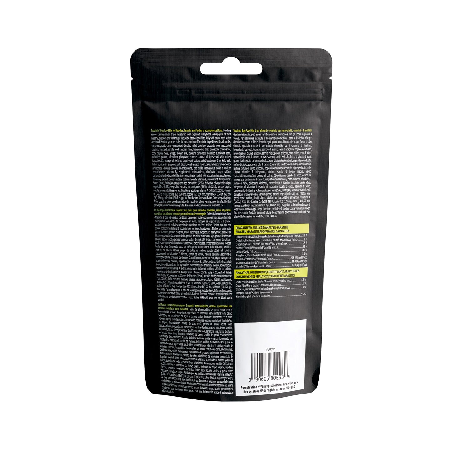 Tropimix bird food mix packaging with ingredients and additional details on a white background, Back