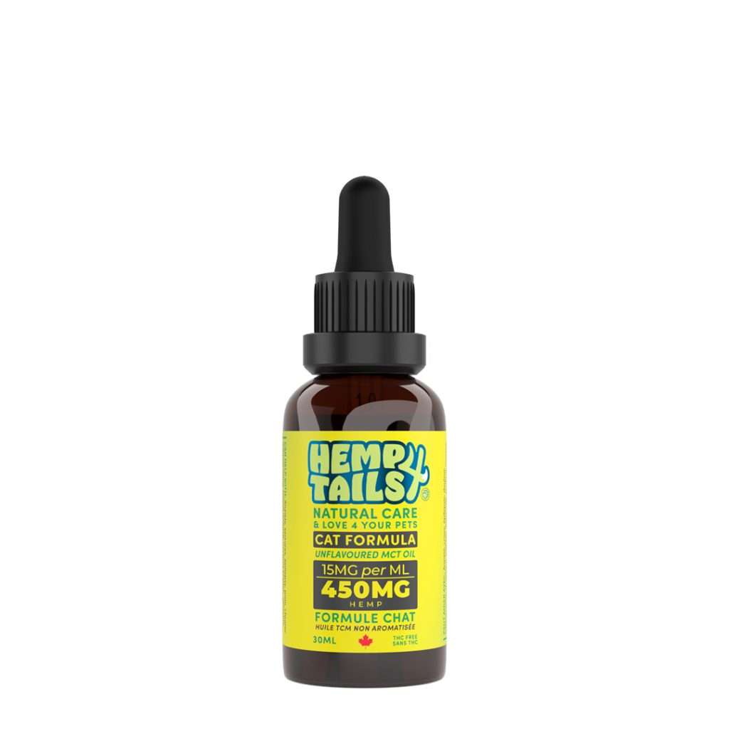 A bottle of Hemp4Paws pet supplement for cats with a dropper, displaying information such as '15mg Hemp per mL' and '450mg Formula Cat'.