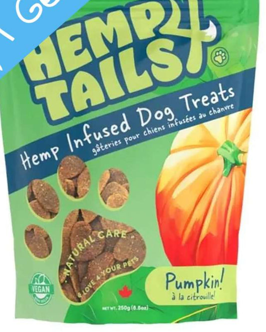A package of Hemp 4 Tails hemp-infused dog treats with pumpkin flavor. The packaging is predominantly green with an image of a pumpkin and a dog treat, and text that highlights natural care and no added sugar.