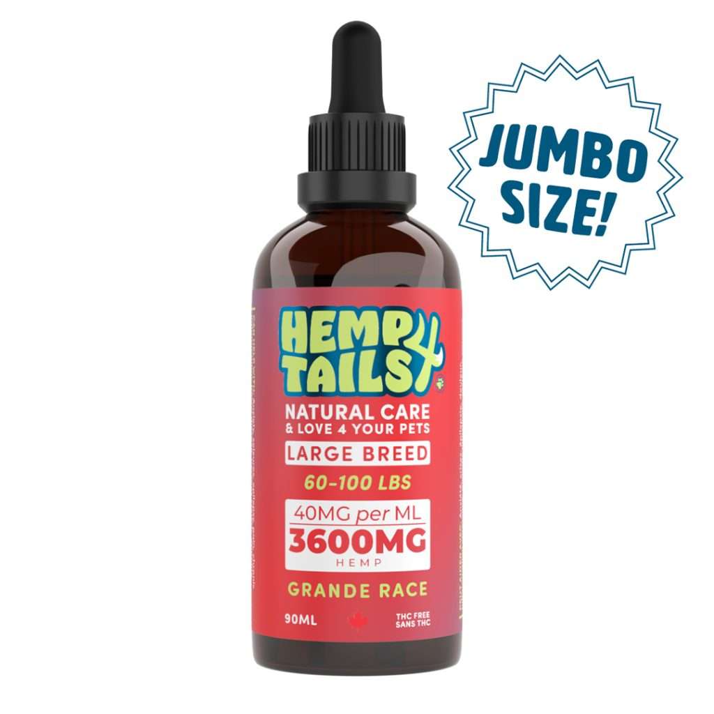 Hemp oil bottle with red label and 'Jumbo Size' text on a white background