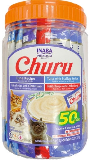 Jar of Inaba Churu Tuna cat treats with various flavors on a white background
