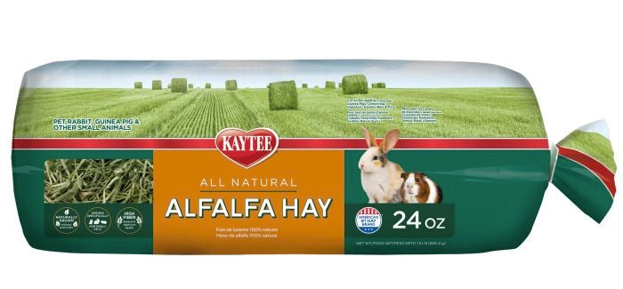 Kaytee all natural alfalfa hay package with a rabbit illustration on a white background