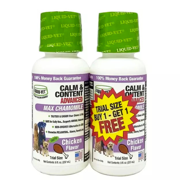 Two bottles of Liquid-Vet Calm & Content Advanced Max Chamomile supplement for dogs on a white background. Harmony Pet Supplies Scarborough