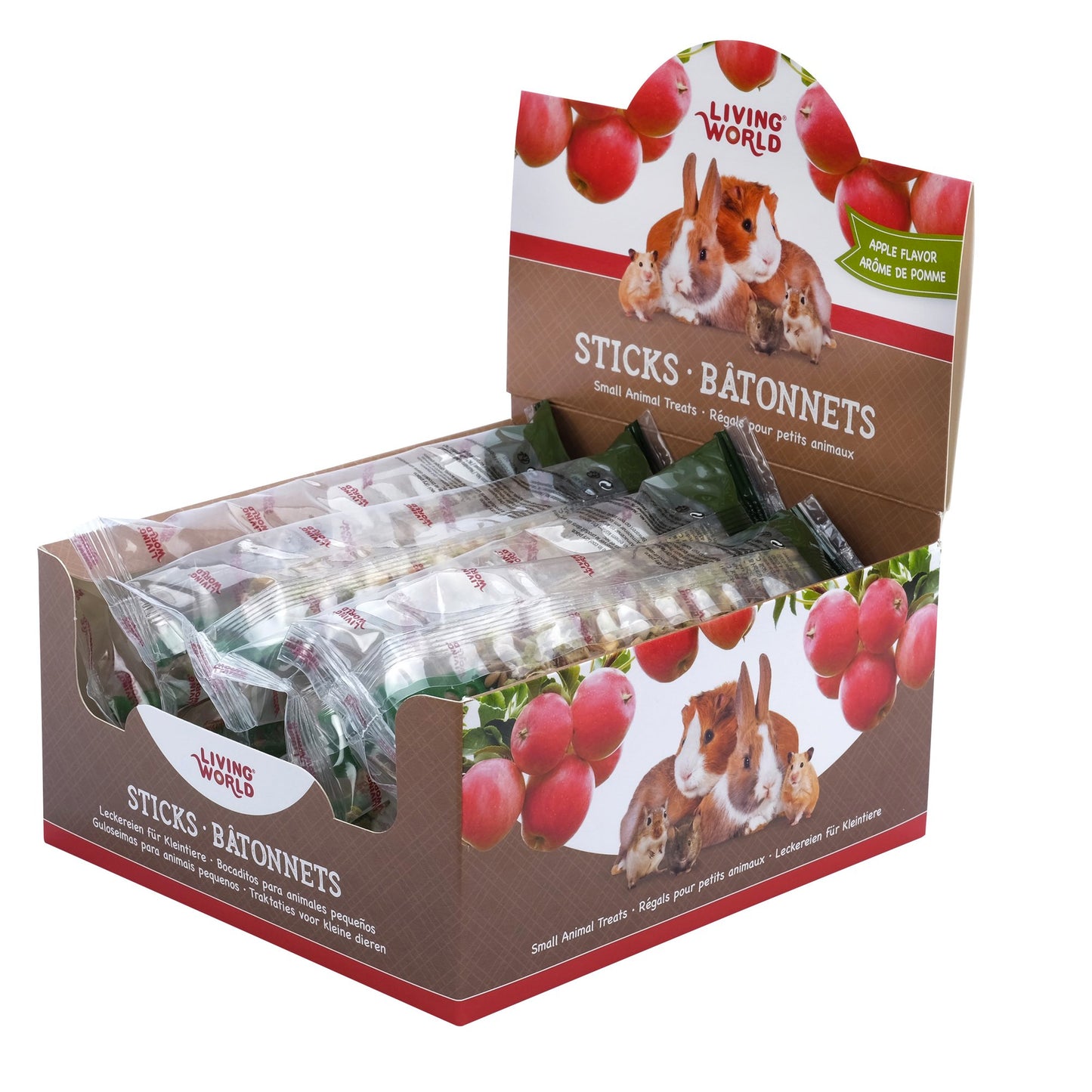 Living World small animal treats packaging with red berries and animal illustrations on a white background