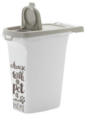 Moderna White pet food container with gray lid and text on a white background at Harmony Pet Supplies, Scarborough