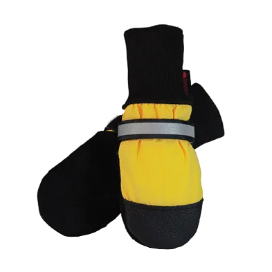 Muttluks Yellow and black dog paw protector medium size with reflective strip on a white background at Harmony Pet Supplies, Scarborough