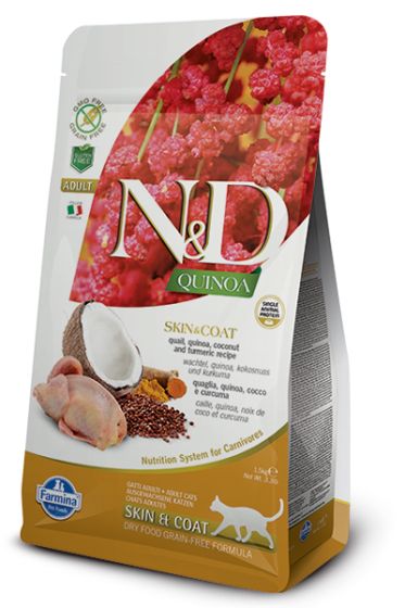 A lack of N&D Farmina quinoa skin & coat cat dry food bag for adult cats. Pet supplies store in Toronto, Scarborough, Pickering, Ajax, Whitby, North York.