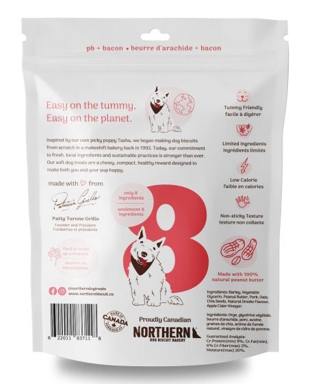 Dog treat package with branding and product details on a white background
