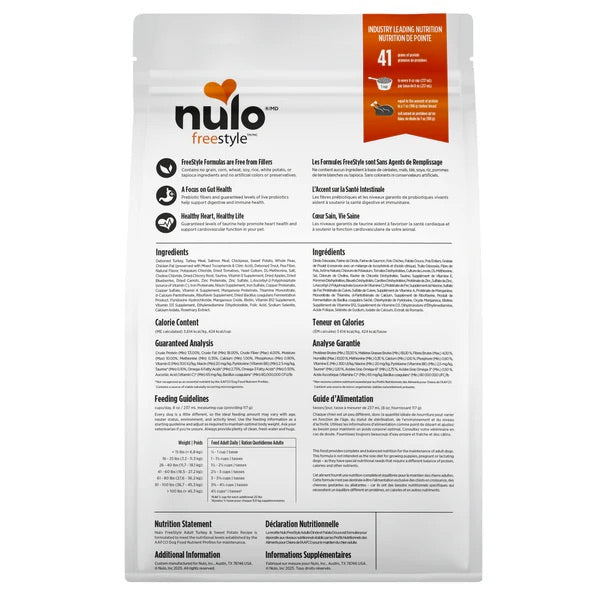Nulo Freestyle pet food turkey package with detailed information on a white background