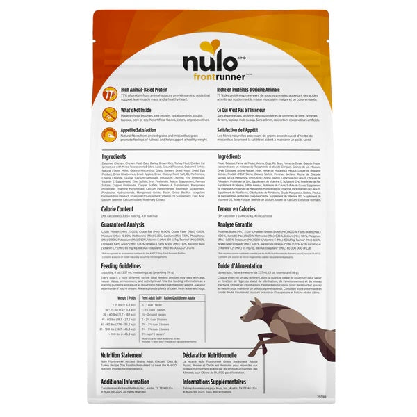 Nulo FrontRunner pet food package chicken with text and a dog illustration on a white background