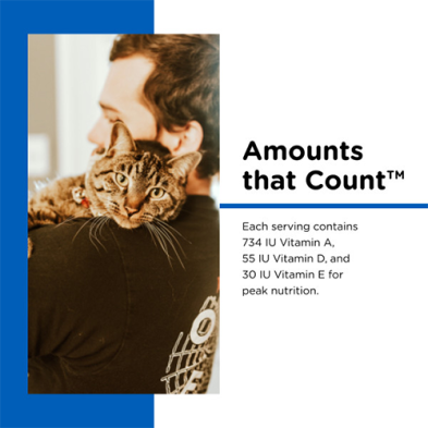 Nutri-vet multi-vite cat paw gel Promotional graphic with a photo of a man holding a tabby cat on his shoulder, next to text reading 'Amounts that Count™' and serving information for vitamins A, D, and E at Harmony Pet Supplies, Scarborough.