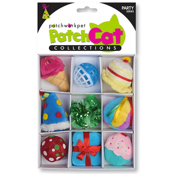 Patchwork Pet PatchCat Collections toy set in packaging with colorful cat toys.
