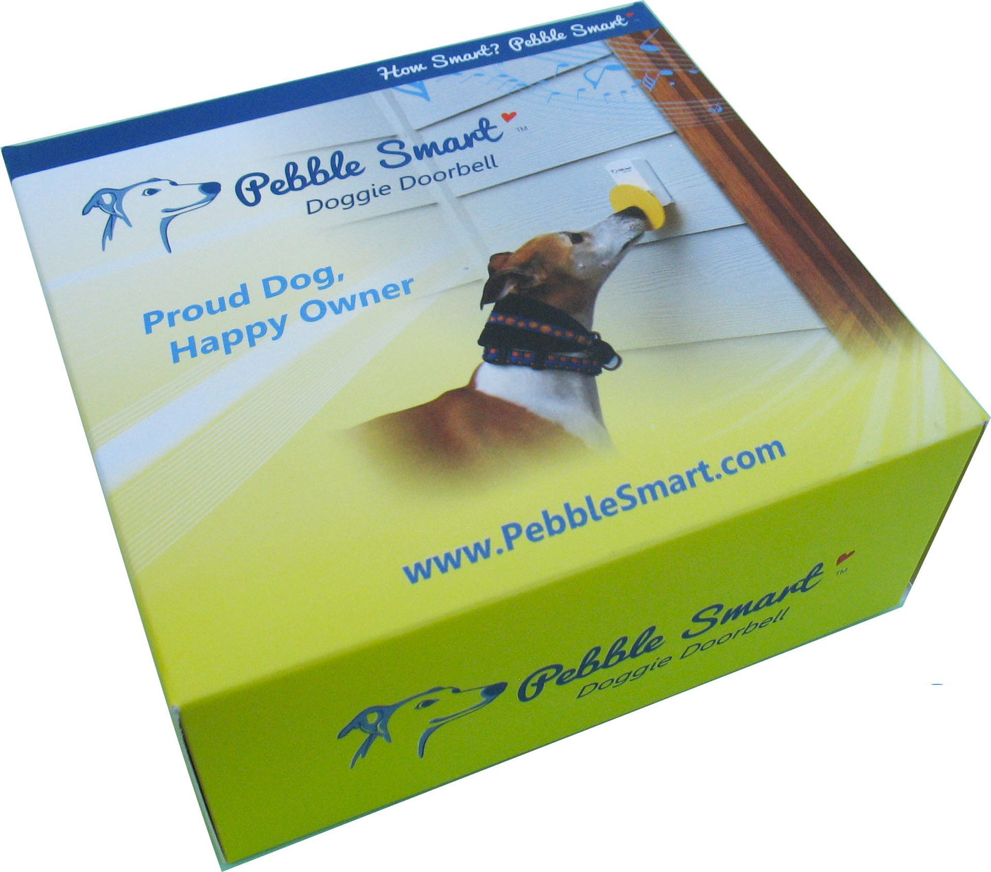 Pebble Smart doggie doorbell packaging with a dog on the box