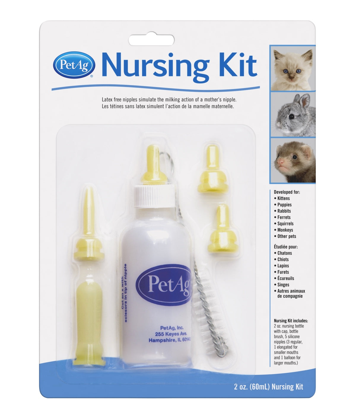 Packaging of PetAg Nursing Kit featuring bottles with nipples and a cleaning brush, with images of small animals like a puppy and a kitten on the package. harmony Pet Supplies