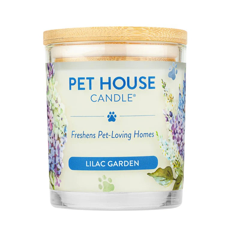 Pet House Candle with floral design and 'Lilac Garden' label on a white background