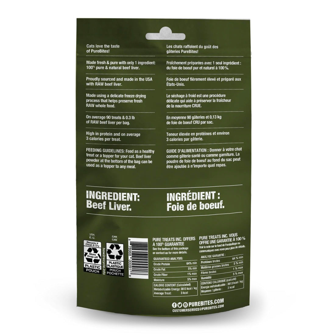 Back of a green purebites pet food packaging with text and ingredient list on a white background