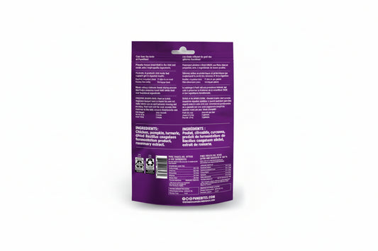 PureBites Freeze dried cat treats Purple package back view with text on a white background at Harmony Pet Supplies Scarborough