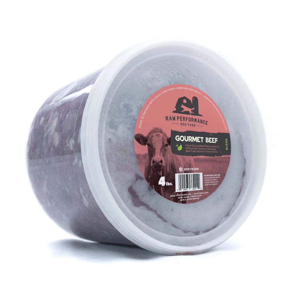 Gourmet beef product with a label on a white background