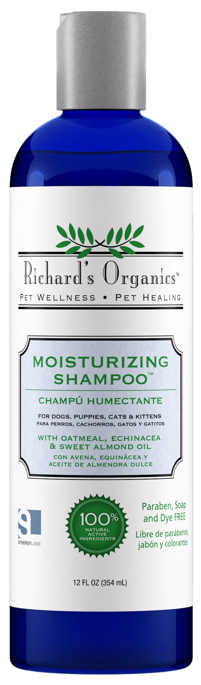A blue bottle of Richard's Organics Moisturizing Shampoo for pets, with white and green label text, front.