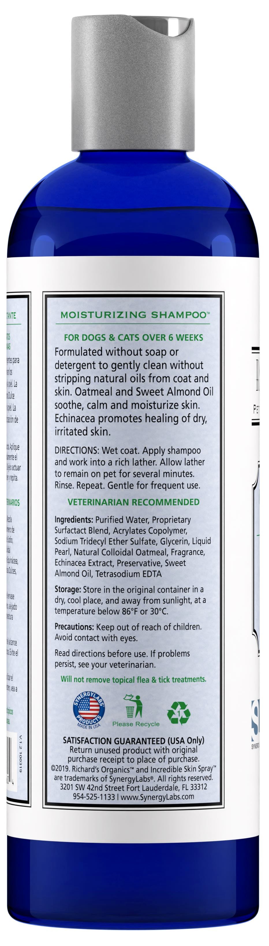 A blue bottle of Richard's Organics Moisturizing Shampoo for pets, with white and green label text, back.