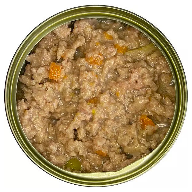 Can of pet food with a green lid on a white background