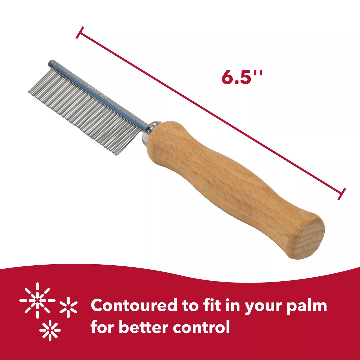 Pet grooming comb with wooden handle and metal teeth, labeled '6.5 inches' on a white background.