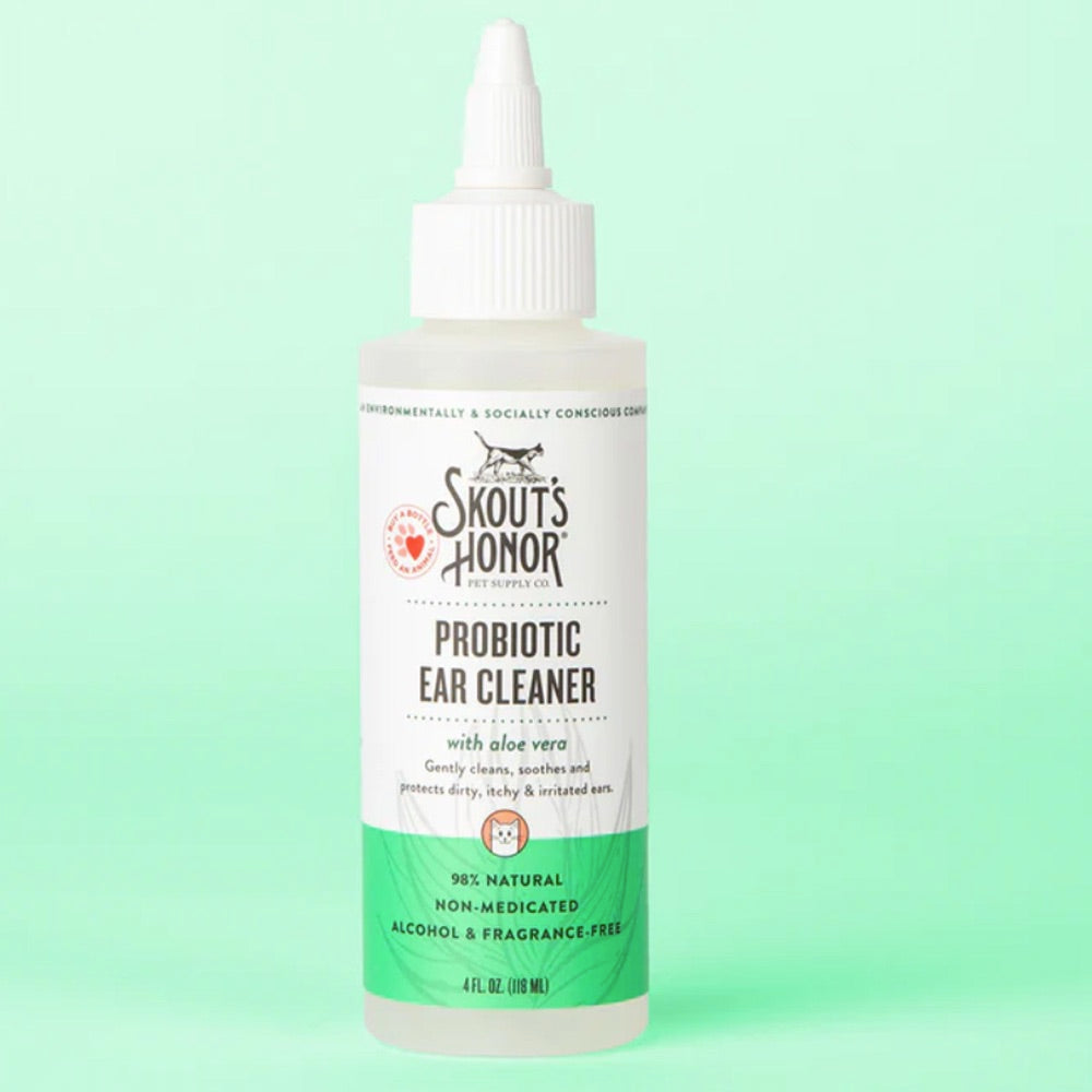 Bottle of Skout's Honor Probiotic Ear Cleaner on a light green background
