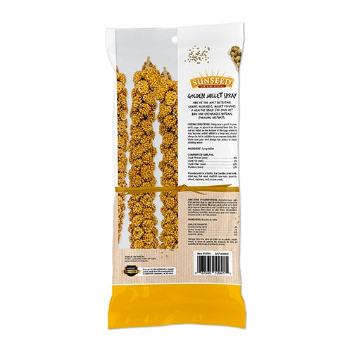 Sunseed Golden Millet Spray packaging with text and product images on a white background, Back
